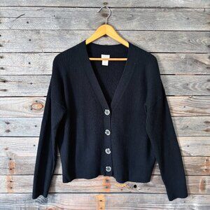 Aspen 100% Extrafine Merino Wool Black Ribbed Cardigan Sweater - Size M